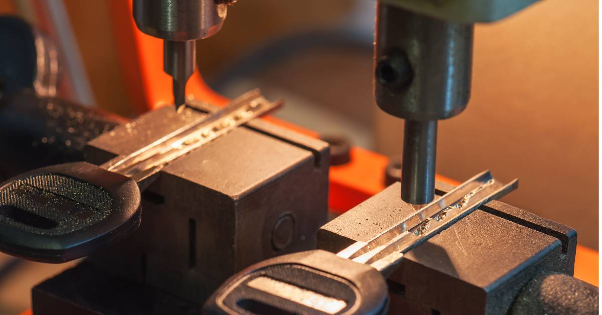 Ekasi Locksmith cutting a car key on a key-cutting machine, with two key blanks being shaped side by side